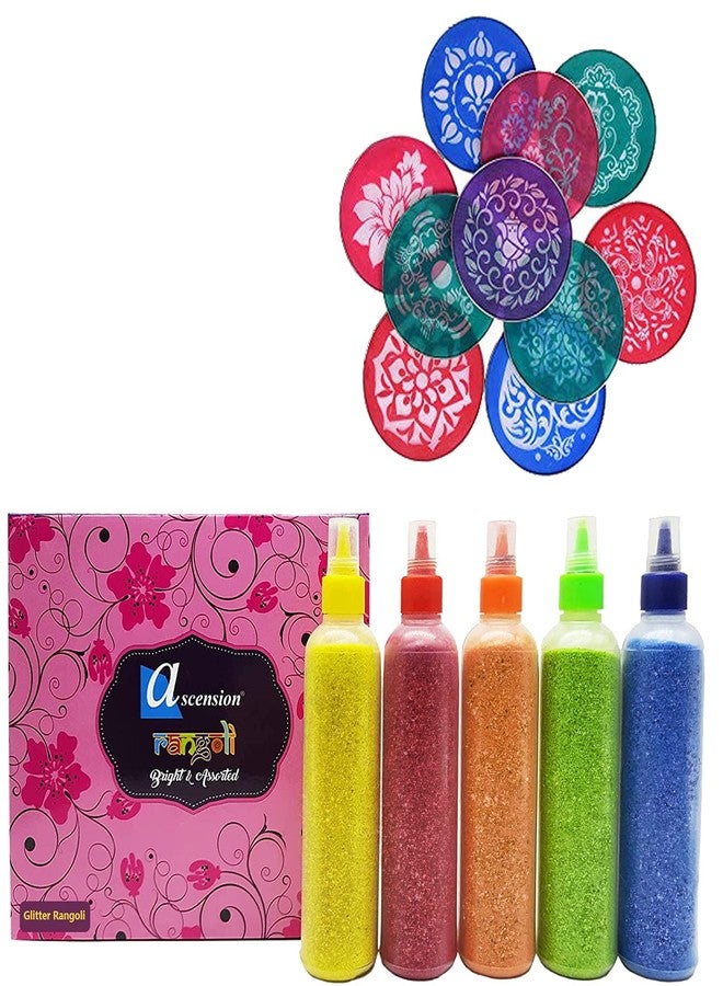 أسينشين مجموعة أسينشن رانجولي، 5 زجاجات مسحوق رانجولي متعدد الألوان (80 غرام لكل زجاجة)، مع 5 قوالب دائرية متعددة التصاميم (4 بوصات)، ألوان مسحوق رانجولي، مجموعة صنع رانجولي لعيد ديوالي، نافراتري، بونغال، أونام - Image 1